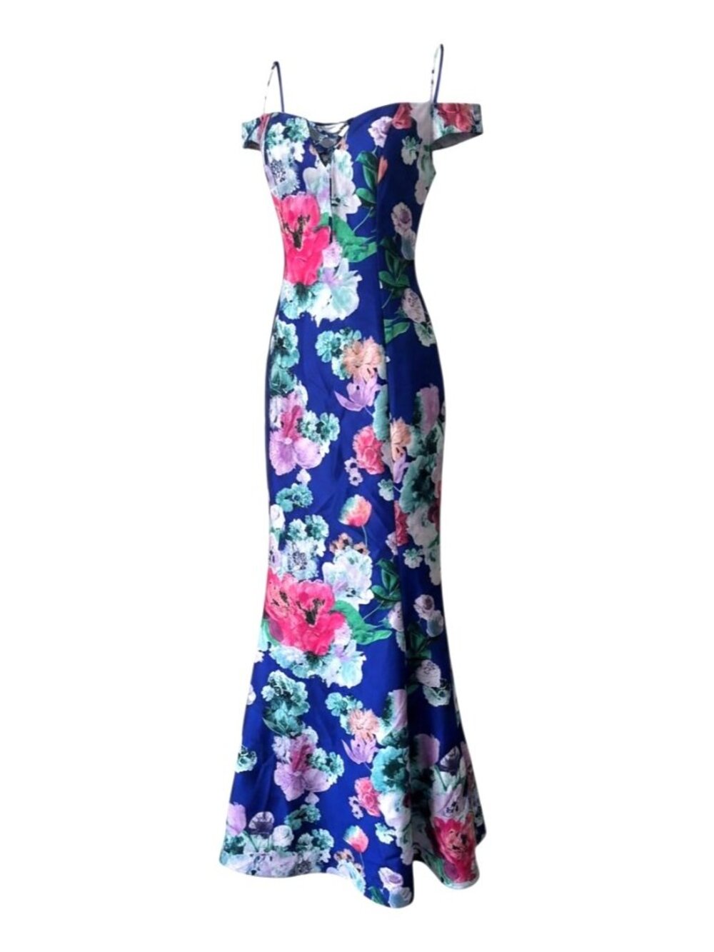 My Michelle Blue Floral Off Shoulder Mermaid Evening Gown Dress Size 0